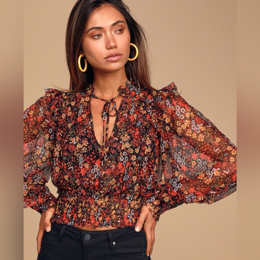 FREE PEOPLE 
Twyla Smocked Floral Mesh Top - Picture 3 of 14